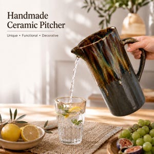 Puede incluir: Una jarra de cerámica con base gris oscuro y acabado de esmalte brillante en tonos marrón y verde, vertiendo agua en un vaso transparente. El texto dice: Handmade Ceramic Pitcher, Unique, Functional, Decorative. La jarra tiene un asa curva.