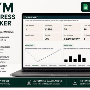 Puede incluir: Una computadora portátil muestra un panel de control "GYM PROGRESS TRACKER" con datos de seguimiento de entrenamiento. La pantalla muestra gráficos y campos de datos como "Total Sessions", "Total Volume" y "Latest Weight". Una botella de agua negra con "DISCIPLINE" está a la derecha.