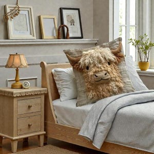 Könnte beinhalten: Ein dekoratives Kissen mit einem Highland-Kuh-Design in Braun- und Beigetönen. Es liegt auf einem Bett mit einer hellblauen, gemusterten Decke. Ein Nachttisch aus Holz mit einer Lampe und einer Uhr ist zu sehen.