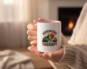 Adventure Is My Therapy Mountain Graphic Mug, Nature Lover Hiking Travel Cup (11oz 15oz)