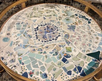 Mosaic gold tray in periwinkle blue shades