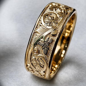 Vintage blommig graverad ring i 18 karat guld – Filigran vigselring