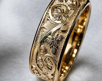 Vintage blommig graverad ring i 18 karat guld – Filigran vigselring