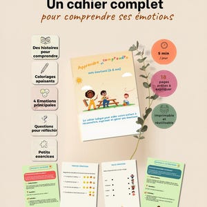 Peut inclure: Un cahier complet intitulé "Apprendre et comprendre mes émotions (3-6 ans)" avec des illustrations d'enfants. Le cahier comprend des histoires, des coloriages et des exercices pour aider les enfants à comprendre leurs émotions. Le texte "Mini Kit découverte gratuit en bio" est également inclus.