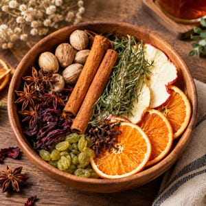 May include: A round wooden bowl filled with a variety of dried ingredients including cinnamon sticks, star anise, whole nutmeg, green raisins, dark red hibiscus petals, sprigs of rosemary, dried apple slices, and orange slices.