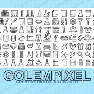 May include: A collection of black and white line art icons related to science and laboratory equipment. Includes beakers, test tubes, microscopes, and other scientific tools. The text "GOLEMPIXEL CREATIVE DIGITAL ART WORLD" is at the bottom.