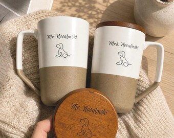 Taza de café personalizada grabada de 443 ml con tapa de madera, taza de cerámica personalizada, regalo con nombre, regalo para ella, taza de desayuno, taza personalizada