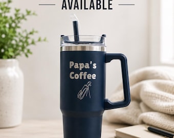 Regalo del Día del Padre para papá, vaso personalizado de 30 oz con asa, vaso estilo Stanley con pajita, vaso de acero inoxidable grabado a medida.
