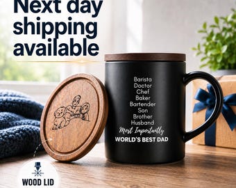 Regalo del Día del Padre para papá, taza de café personalizada de 473 ml con tapa de madera, taza de cerámica personalizada, taza con nombre y logotipo grabados para él.