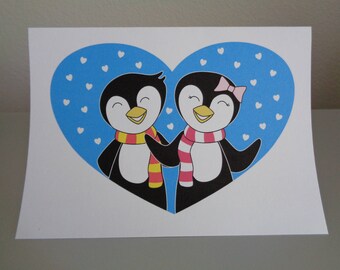 Penguin Love Card (Blue) - Penguin Anniversary Card (Blue) - Penguin Card - Cute animal greeting card - card for couple - free shipping