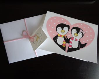 Penguin Love Card (Pink) - Penguin Anniversary Card (Pink) - Penguin Valentine Card - Gift for Her - Gift for Him