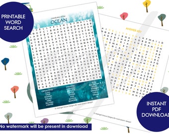 Printable Digital Word Search Game Activity Puzzle Creatures of the Ocean - Road Trip Fun - Babysitting games - instant download - Brain Fun