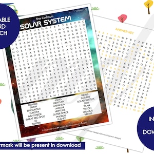 Printable Digital Word Search Game Activity Puzzle Cosmos Solar System Universe Planets Outer Space Road Trip Fun Brain Instant download