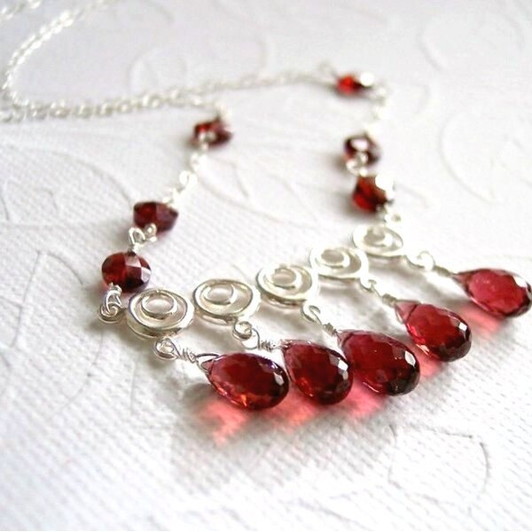 January Birthstone. Gemstone Necklace, Pyrope Garnet Tear Drops, Mozambique Garnet Coin Beads, Sterling Silver Link and Chain. N019.