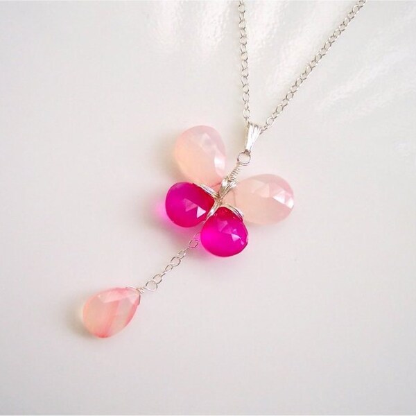 Gemstone Butterfly Necklace, Rose Fanta Chalcedony Pear and Hot Pink Chalcedony Heart, Sterling Silver Wire Wrapped, Sterling Silver Chain.
