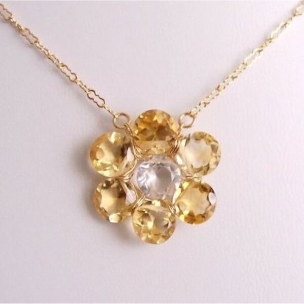 November Birthstone. Gemstone Sunflower Necklace, Citrine and Crystal Quartz Round Cut Briolettes, Gold-filled Chain and Wire Wrapped. N016.