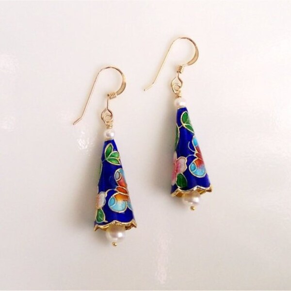 Cloisonne Earrings, Handmade Flower and Butterfly Bell Cloisonne Beads, Freshwater Pearls, Gold-filled Earwires. E036.