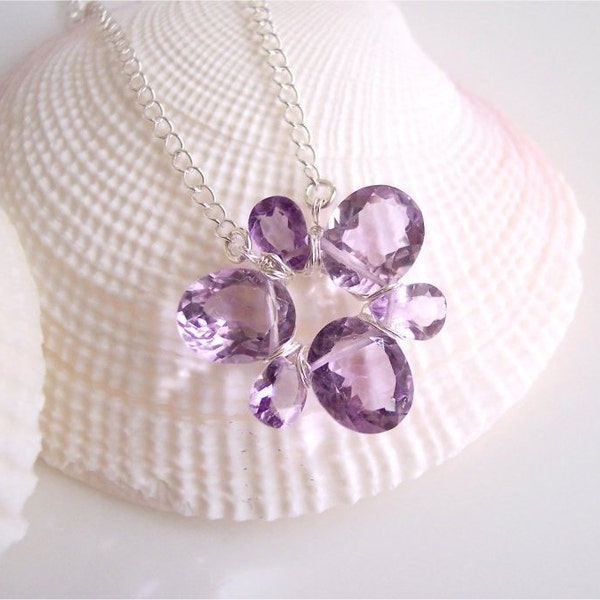 February Birthstone. Gemstone Orchid Necklace, Pink Amethyst Oval and Pear Cut Briolettes, Sterling Silver Wire Wrapped and Chain. N017.