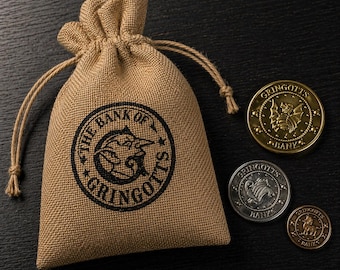 Sac à monnaie inspiré de HP Gringotts Bank — ensemble de noeuds de bronze en bronze de galion d'or de sorcier — accessoire de cosplay de collection de cadeau magique