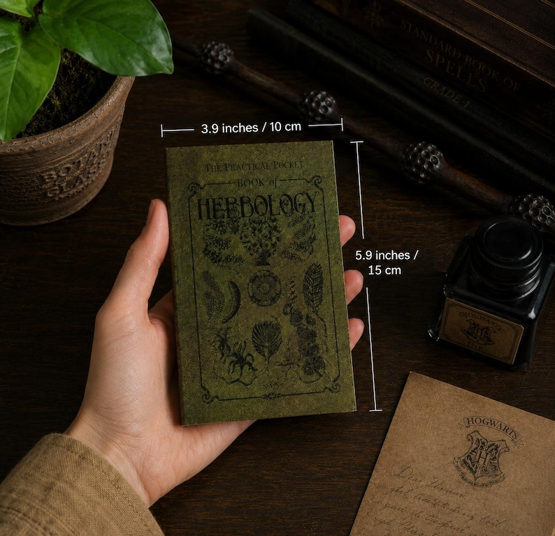 May include: A green pocket book titled "The Practical Pocket Book of Herbology," measuring 3.9 inches wide and 5.9 inches tall. The cover features botanical illustrations. The book is held near a potted plant, inkwell, and a letter with the Hogwarts crest.