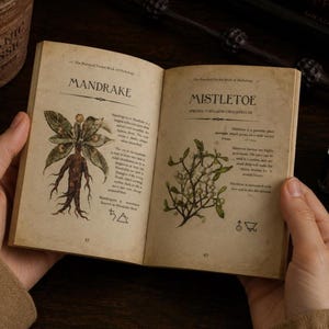 May include: An open book with aged pages, featuring illustrations and text about Mandrake and Mistletoe. The book is titled "The Practical Pocket Book of Herbology." The Mandrake illustration depicts a plant with a human-like form. The Mistletoe illustration shows a sprig with berries.