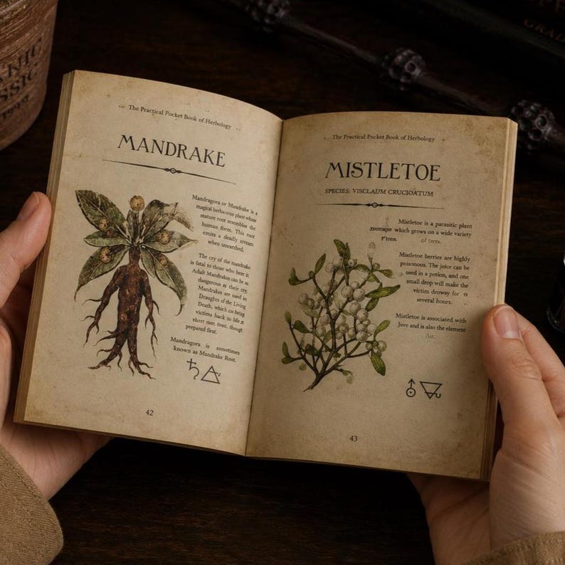 May include: An open book with aged pages, featuring illustrations and text about Mandrake and Mistletoe. The book is titled "The Practical Pocket Book of Herbology." The Mandrake illustration depicts a plant with a human-like form. The Mistletoe illustration shows a sprig with berries.