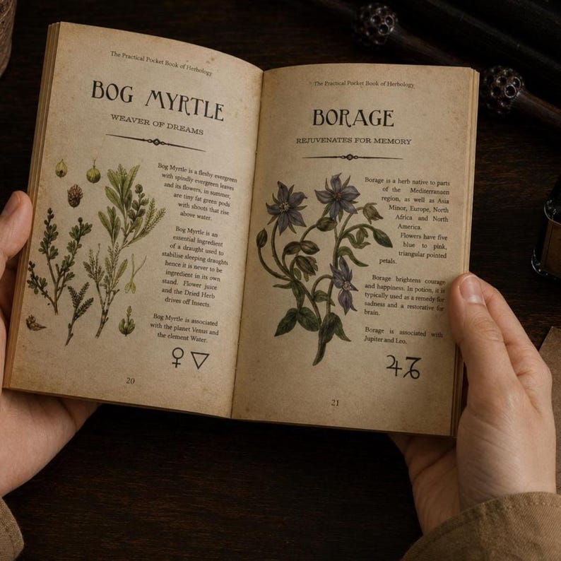 May include: Open book with aged pages featuring botanical illustrations and text. The left page displays "Bog Myrtle" with drawings of the plant. The right page shows "Borage" with a floral illustration. The book is held open by hands.