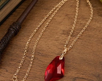 Collier pierre philosophale, inspiration HP, pendentif en cristal rouge, cadeau magique, pierre sorcier, cosplay du monde sorcier