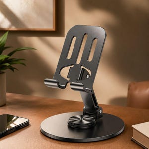 May include: A black metal adjustable stand for a mobile device or tablet, featuring a circular base, a central hinge, and a rectangular support panel with three vertical cutouts and two curved hooks at the bottom to hold the device securely.