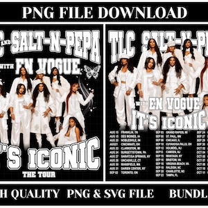 Op de afbeelding: Een digitaal grafisch ontwerp met de tekst TLC AND SALT-N-PEPA WITH EN VOGUE IT'S ICONIC THE TOUR. De afbeelding toont twee afzonderlijke lay-outs van muzikale artiesten in witte outfits tegen een zwarte rasterachtergrond met tourdata.