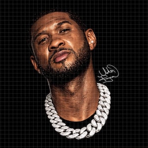 May include: A digital portrait of Usher featuring a thick, silver-toned, diamond-encrusted cuban link chain necklace. The image includes a signature graphic on the right side, set against a black grid background with text reading PNG FILE DOWNLOAD.