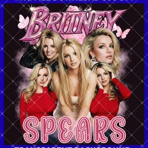 Può includere: Grafica digitale con più immagini di Britney Spears, con il nome "Britney Spears" in testo rosa. Lo sfondo è scuro con un design trasparente. Sono inclusi anche i testi "PNG FILE DOWNLOAD 300 DPI" e "TRANSPARENT BACKGROUND".