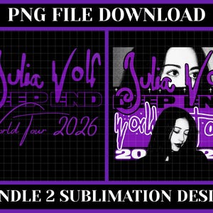 May include: A digital graphic design bundle featuring two variations of a Julia Wolf Deep End World Tour 2026 layout. The designs use purple text on a black grid background, incorporating a black and white portrait of a person and star accents.
