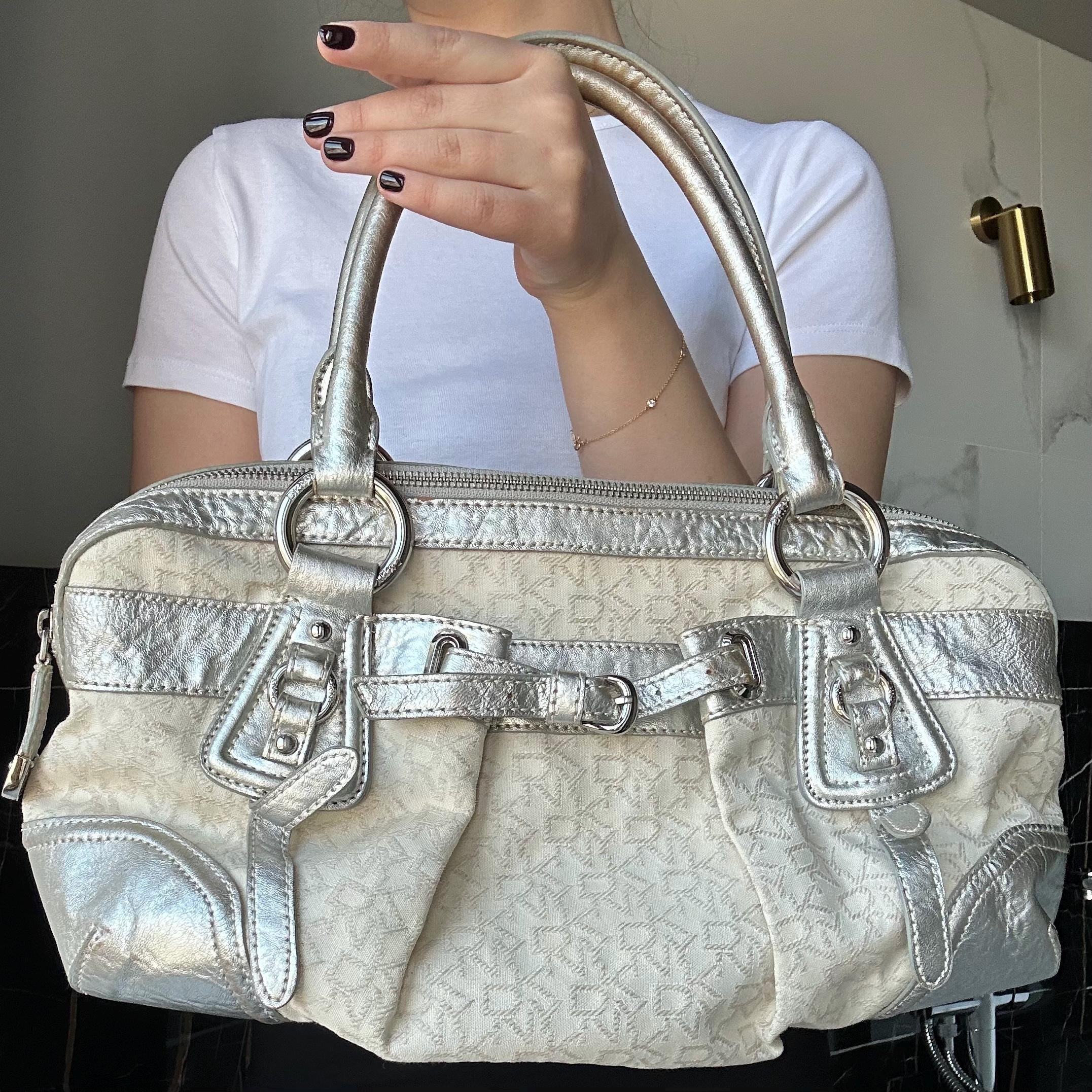 バッグ Chain Kiss-lock HandBag Silver studs Y2k VTG Y2K COACH 3579 Madison Swarovski Crystal Buckle Satin Framed