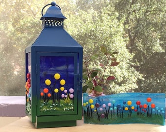 Fused glass lantern, 12” flower dot art light with fairy lights