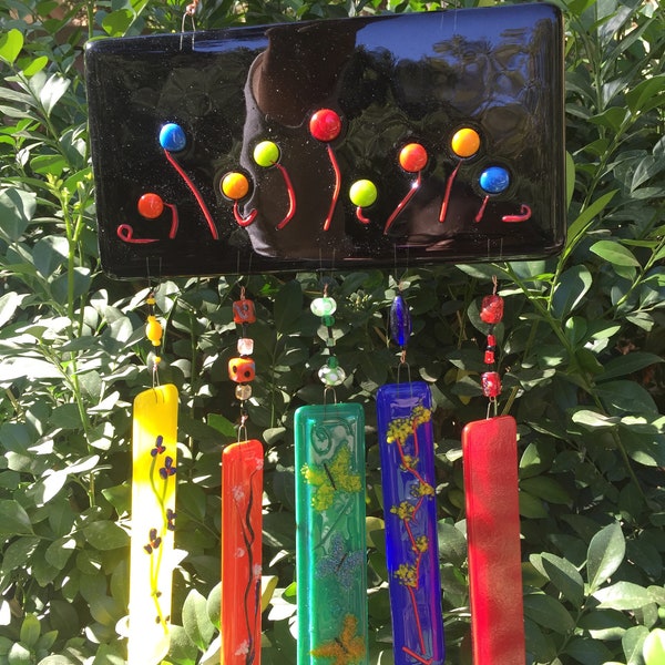 Flower Garden Mobile, colorful fused glass yard art