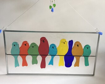 Birds on a wire "Be Yourself", 12"x 6" fused Glass wall or window hanging