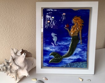 Mermaid and friends fused glass picture, framed in 8x10 float frame, wall hanging or table top