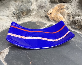 Blue glass tray with red and white accents, 9"  fused glass decor