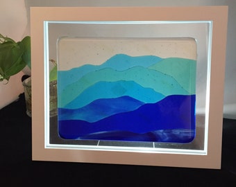 Blue Mountains- Framed in 8x10, Fused Glass picture for table top or wall