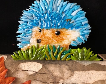 Hedgehog, turquoise fused glass, wall hanging, table top or garden decor 6.5”x 4.5"
