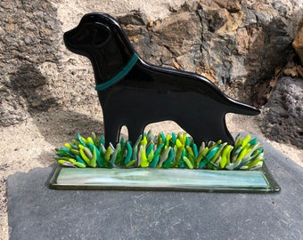 Labrador with green collar Statue, 9" x 7" fused Glass art