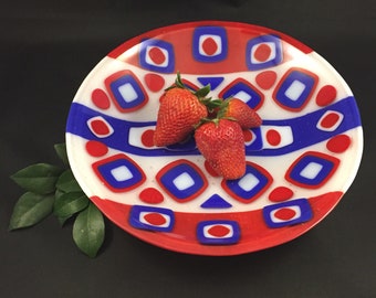 Symetry in Red White and blue Bowl, 9" fused glass summer bowl