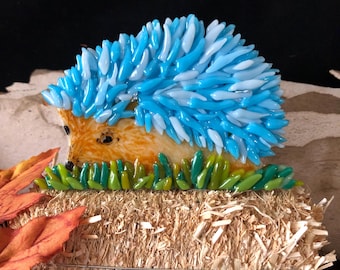 Hedgehog aqua blue fused glass wall hanging, table top or garden decor,  5”x 3"