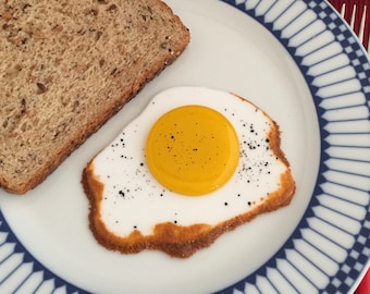 Fried Egg  replica, 4”x 3" fused glass Sunny Side up egg