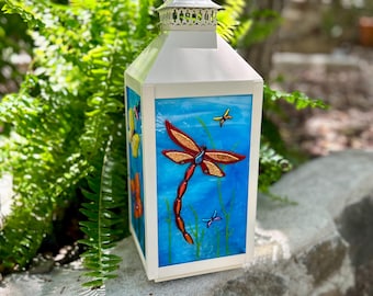 Metal Lantern with Handmade Fused Glass Panels – Dichroic Butterflies & Dragonflies – 15” Lantern