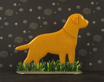 Yellow Labrador Statue, 7" x 6.5" fused glass dog art