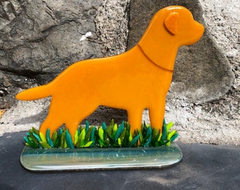 Yellow Labrador Statue, 7" x 6.5" fused glass dog art