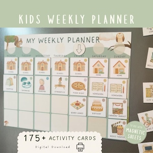 May include: A kids' weekly planner with the text "KIDS WEEKLY PLANNER" and "MY WEEKLY PLANNER". It includes activity cards with illustrations for school, home, and other activities. The planner is designed to be used with magnetic sheets.