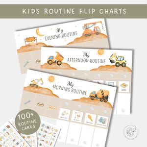 Peut inclure: Ensemble de tableaux de routine pour enfants avec des illustrations de véhicules de chantier. Les tableaux sont intitulés "Routine du matin", "Routine de l'après-midi" et "Routine du soir". Comprend plus de 100 cartes de routine. Le texte "KIDS ROUTINE FLIP CHARTS" est en haut.
